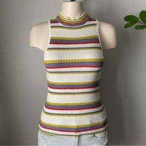 Moth Linen Blend Sleeveless High Neck Sweater Striped Size Small ANTHRO